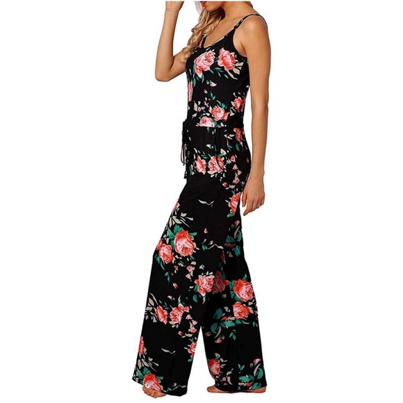 NWOT Black Floral Printed Casual Pocket Jumpsuit - Picture 3 of 7